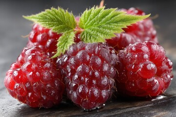 Wall Mural - Freshly harvested raspberries glistening with moisture on a wooden surface in natural light