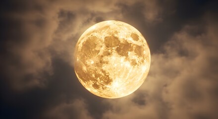 bright golden full moon glowing in dark night sky with soft clouds, detailed lunar surface and atmos