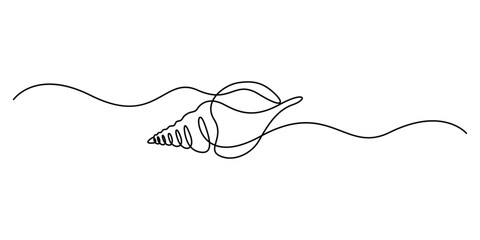 One continuous line drawing of sea shell, Set of sea shells, Seashell symbol and banner of beauty spa and wellness salon in simple linear style. Doodle vector illustration