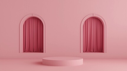 Poster - Abstract pink podium for product display with curtains. Cylinder stage on pink background 3d illustrations