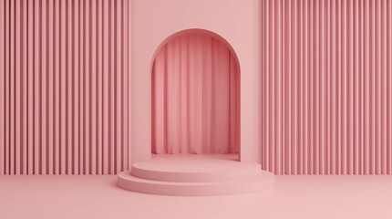 Poster - Abstract pink podium for product display with curtains. Cylinder stage on pink background 3d illustrations
