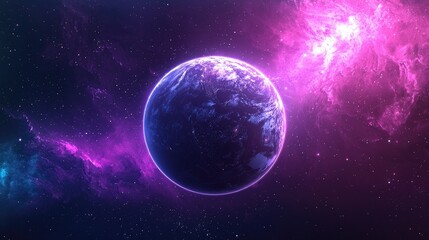 Wall Mural - light neon purple planet that have ocean and stars shinning