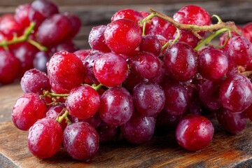 Wall Mural - Fresh red grapes glistening with water droplets on wooden surface showcased in natural light