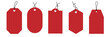 © Sunil - Set of red blank price tags in various shapes with strings, Minimal vector hanging labels.  for sale, discount, gift tag, branding template, packaging, promotion