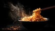 © yang - Spicy ramen in a black ceramic bowl, with steaming noodles picked up by chopsticks and chili flakes floating in the air, presenting an appetizing picture.