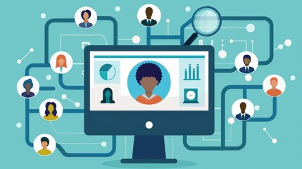 Poster - A computer monitor displaying a video call interface with a diverse group of people
