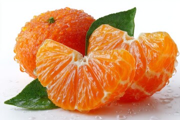 Wall Mural - Fresh mandarin oranges with vibrant orange segments and green leaves on a light background showcasing natural moisture and freshness