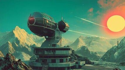 Wall Mural - Spaceship launching from futuristic base on alien planet