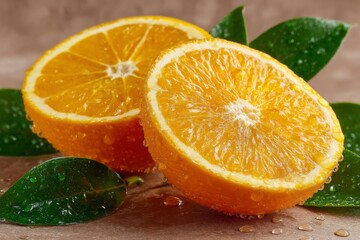 Wall Mural - Freshly sliced orange halves glistening with water droplets on green leaves, displayed on a rustic surface
