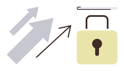 Poster - Upward arrows beside a padlock and key highlighting themes of progress, security, and growth. Ideal for business growth, data protection, innovation, success, trust development strategy. Simple