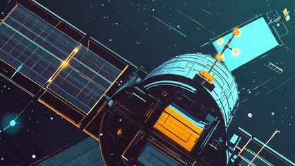 Wall Mural - futuristic satellite orbiting earth, transmitting data through space