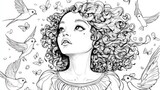 "Simple black and white line art of a princess with curly hair surrounded by singing birds, perfect for a kids' coloring book."