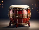 Ornate wooden drum on dark background (1)