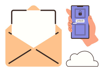 Aufkleber - Open envelope, mobile phone with unlock option, lock icon, and cloud. Ideal for email security, cloud storage, mobile access, privacy technology communication and encryption themes. Simple flat