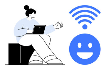 Poster - Woman seated with laptop gesturing at wireless signal above smiling emotion. Ideal for technology, remote work, online education, communication, internet services, user-friendly design, simple