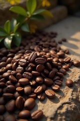 Wall Mural - Dark roasted coffee beans on rustic stone, sunlit , ingredient, sunlight, cafe