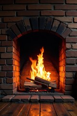 Wall Mural - Fiery orange flames licking a rustic brick fireplace , pattern, building