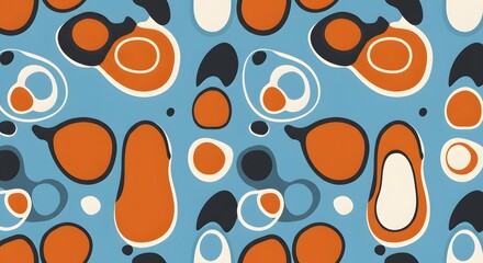 Poster - Abstract pattern featuring orange white and black shapes on a light blue colored background design art