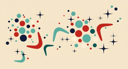 Poster - Retro design with circles boomerangs and stars in red teal and navy on a cream colored background