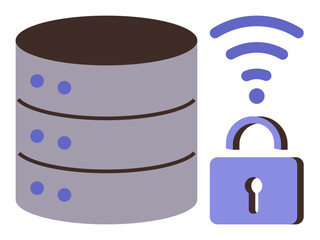 Aufkleber - Server stack symbolizing data storage, accompanied by a lock and wireless signal denoting secure wireless data access. Ideal for cybersecurity, cloud storage, data protection, privacy, technology