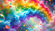 © V. Orlan - Whimsical digital art of a vibrant rainbow cloud with floating translucent bubbles and colorful confetti, representing joy, fantasy, and celebration for a cheerful and magical background design.