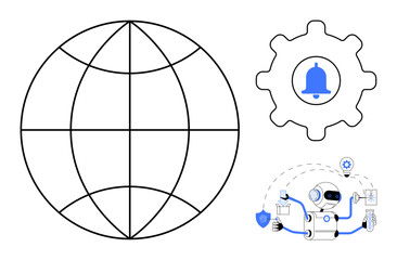 Poster - Globe indicating global communication, gear with notification alert inside, and robot managing data. Ideal for technology, AI, data processing, connectivity, automation, notifications security