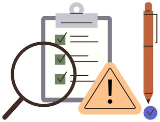 Poster - Clipboard with completed checklist, magnifying glass, warning triangle, pen, task verification. Ideal for productivity, risk management, quality control, safety organization analysis simple