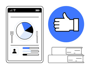 Poster - Tablet screen with pie chart and bars for food tracking, thumbs-up icon in blue, and two stacked books. Ideal for healthy habits, education, approval, analytics, diet, lifestyle simple landing page