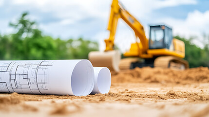 Construction site blueprint with heavy machinery in background on sandy ground. Building design and planning for development, with tools.