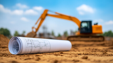 Construction blueprint on site with machinery in the background. Infrastructure development with earthmoving equipment. Planning for building project.