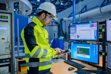 engineer working at control room,manager control system,technician man monitoring program from a lot