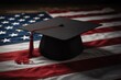 © GraphixStudio - A graduation cap rests on the american flag, symbolizing education and achievement