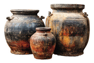 Antique pottery display home decorative art rustic setting close-up. Isolated on transparent background, png.