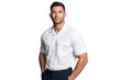 © The Stock Guy - Confident handsome man in a white short-sleeved shirt and dark trousers posing with hands in pockets against a transparent background. Professional, stylish, and casual wear
