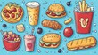 © Danish - Cartoon food illustrations showing stylized meals, snacks, and sweets in playful line art perfect for children's content, menu design, and culinary-themed merchandise artwork.