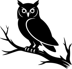 black silhouette vector of an owl perched on a bare tree branch