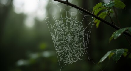 Wall Mural - 
Intricate spider web covered with morning dew drops hanging between tree branches. Natural pattern and geometry in green forest environment. Wildlife and nature concept.