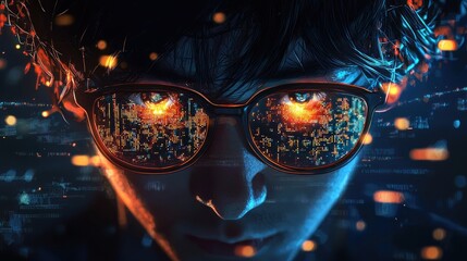 Person wearing glasses reflecting digital data network technology concept