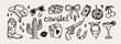 © madiwaso - Whimsical cowgirl doodle set. Vintage texas whimsy hand drawn line art western boot, hat, horseshoe, cactus elements. Coquette cute rodeo west girl vector outline illustration