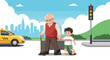 © Creative Mind - Elderly man, child crossing street, pedestrian safety, urban background, walking stick, traffic light, holding hands, cityscape, road awareness, illustration