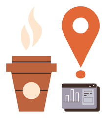 Poster - Coffee cup steaming beside a location pin and analytics report window with charts and data. Ideal for productivity, business, startup, planning, data analysis, coffee culture, time management, simple