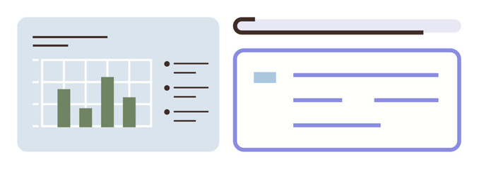 Poster - Dashboard with bar chart and bulleted lists beside a document tab, blending data visualization and notes. Ideal for productivity, analytics, business, research, education, strategy, flat metaphor