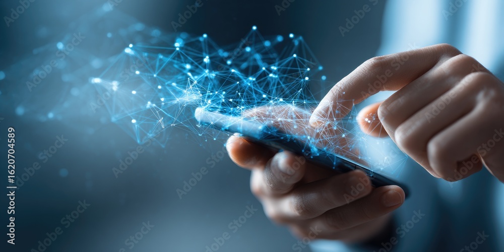 Hands holding a smartphone with digital network overlay