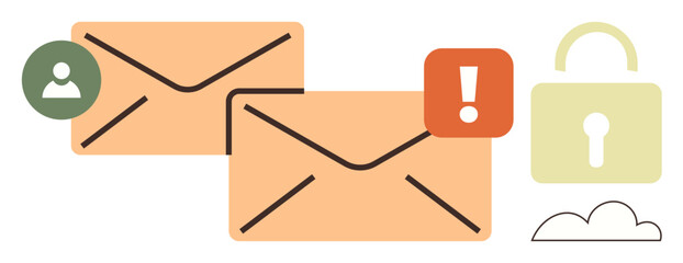 Poster - Envelopes with user, alert icon, cloud, and padlock emphasizing communication, privacy, alerts, access restrictions, cybersecurity online messaging and email management. Ideal for safety online