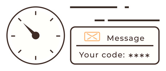 Poster - Clock icon next to email notification with verification code for security purposes. Ideal for cybersecurity, authentication, privacy, time management, digital communication, login process, simple