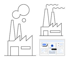 Poster - Factory outlines with smokestacks emitting emissions paired with a digital interface showcasing charts and data. Ideal for manufacturing, innovation, industry, analytics, sustainability, technology