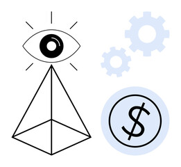 Poster - Eye on pyramid for insight, gears for progress, dollar sign for economy. Ideal for business, finance, growth, innovation, vision strategies abstract. A simple flat metaphor connecting ideas