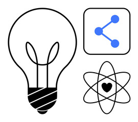 Poster - Light bulb represents ideas, atom portrays science with heart symbolizing collaboration, and connection link visualizes social media. Ideal for innovation, technology, teamwork, creative projects