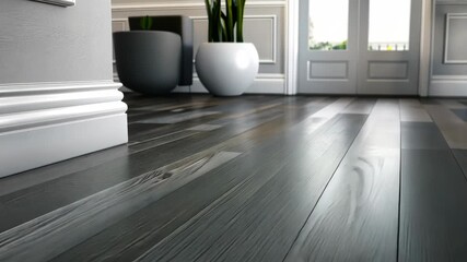 Poster - Contemporary design featuring polished wooden floors and vibrant green plants, creating a stylish and welcoming atmosphere
