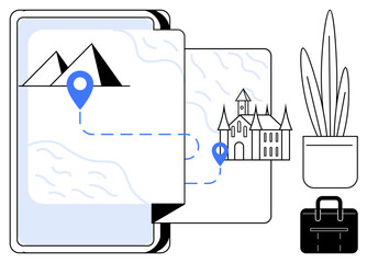Poster - Digital map with GPS markers connecting a pyramid and castle, set on a tablet. Includes a potted plant and briefcase. Ideal for navigation, tourism, travel planning, adventure, cultural exploration